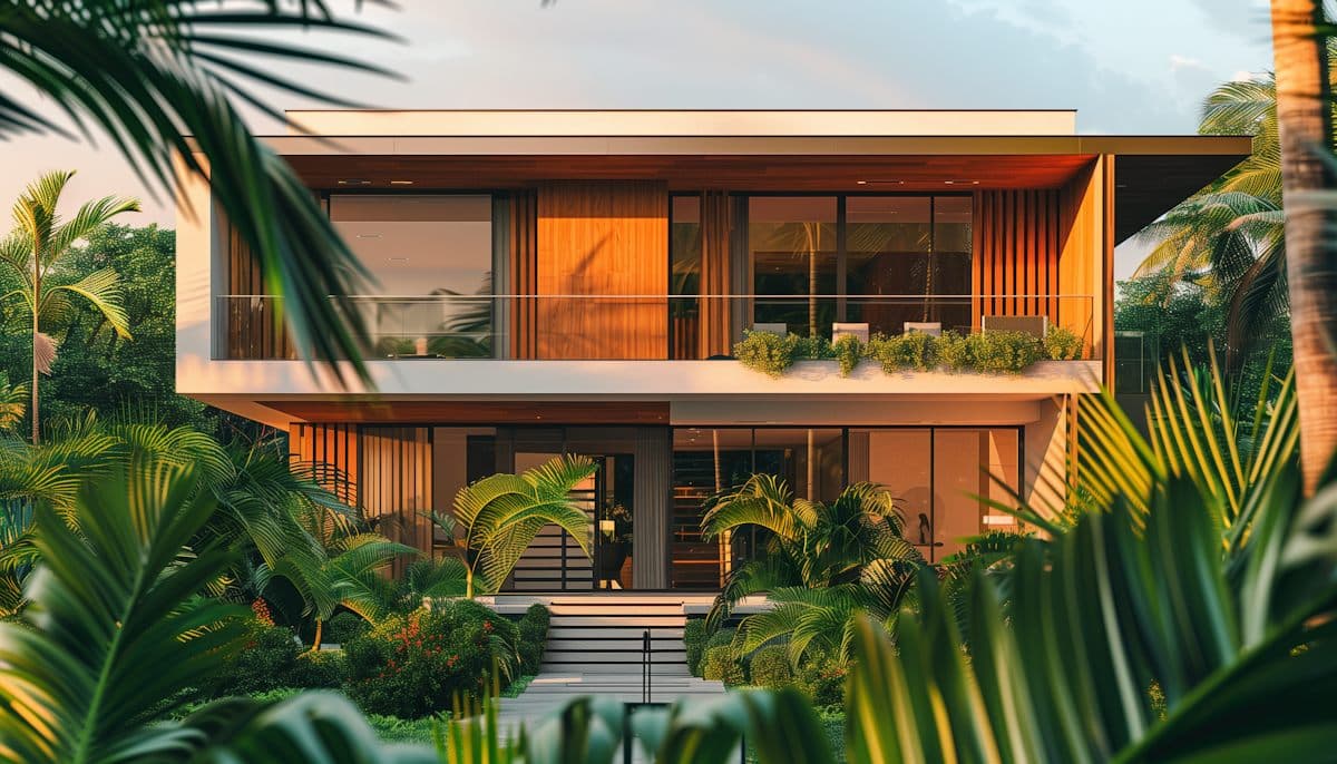Casa moderna ao entardecer — construção sob medida Vertex